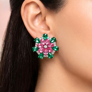 PRAO Earrings Anti-Tarnish Pink Green Floral Studs