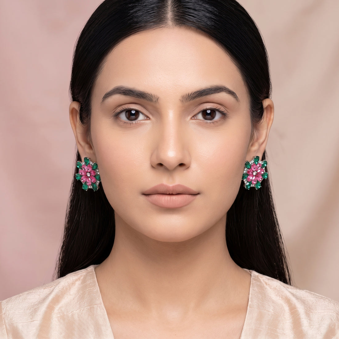 PRAO Earrings Anti-Tarnish Pink Green Floral Studs