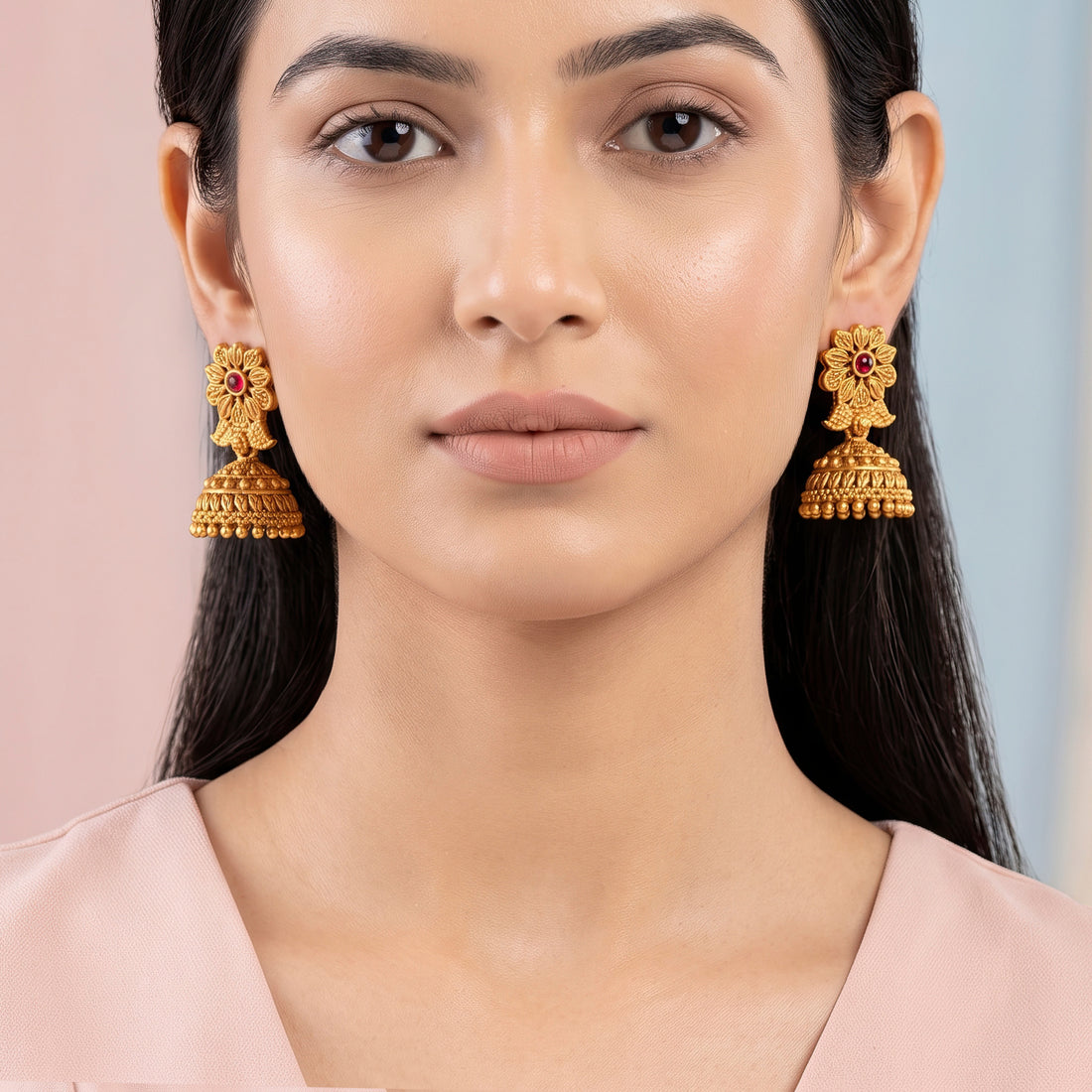 PRAO Earrings Anti-Tarnish Pink Stone Jhumkas