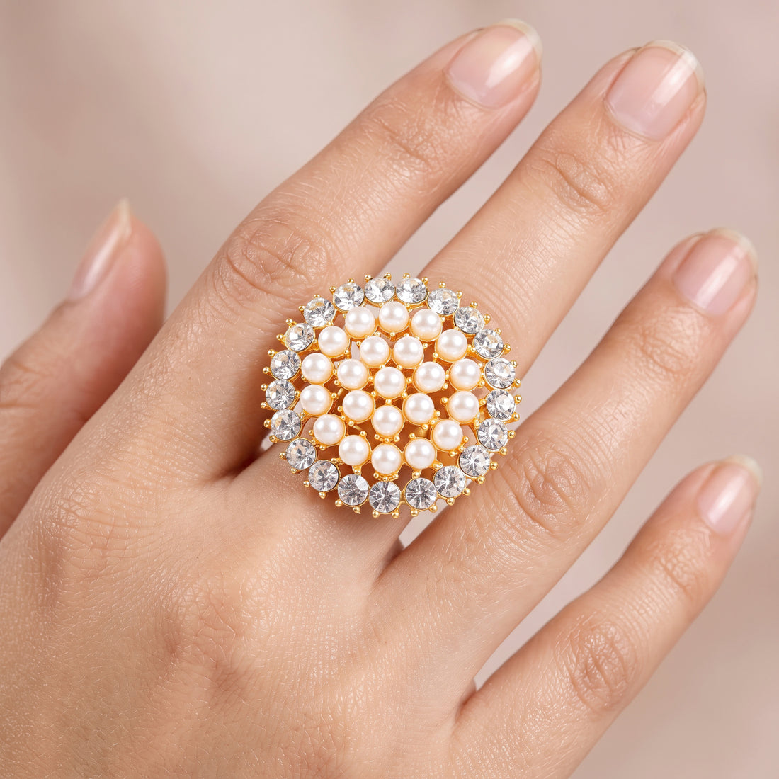 PRAO Ring Anti-Tarnish Pearl Crystal Cluster (Adjustable Size)