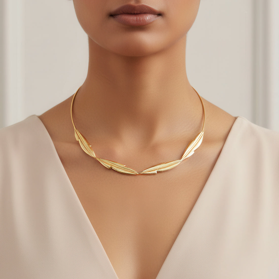 PRAO Anti-Tarnish Golden Leaf Hasli Necklace