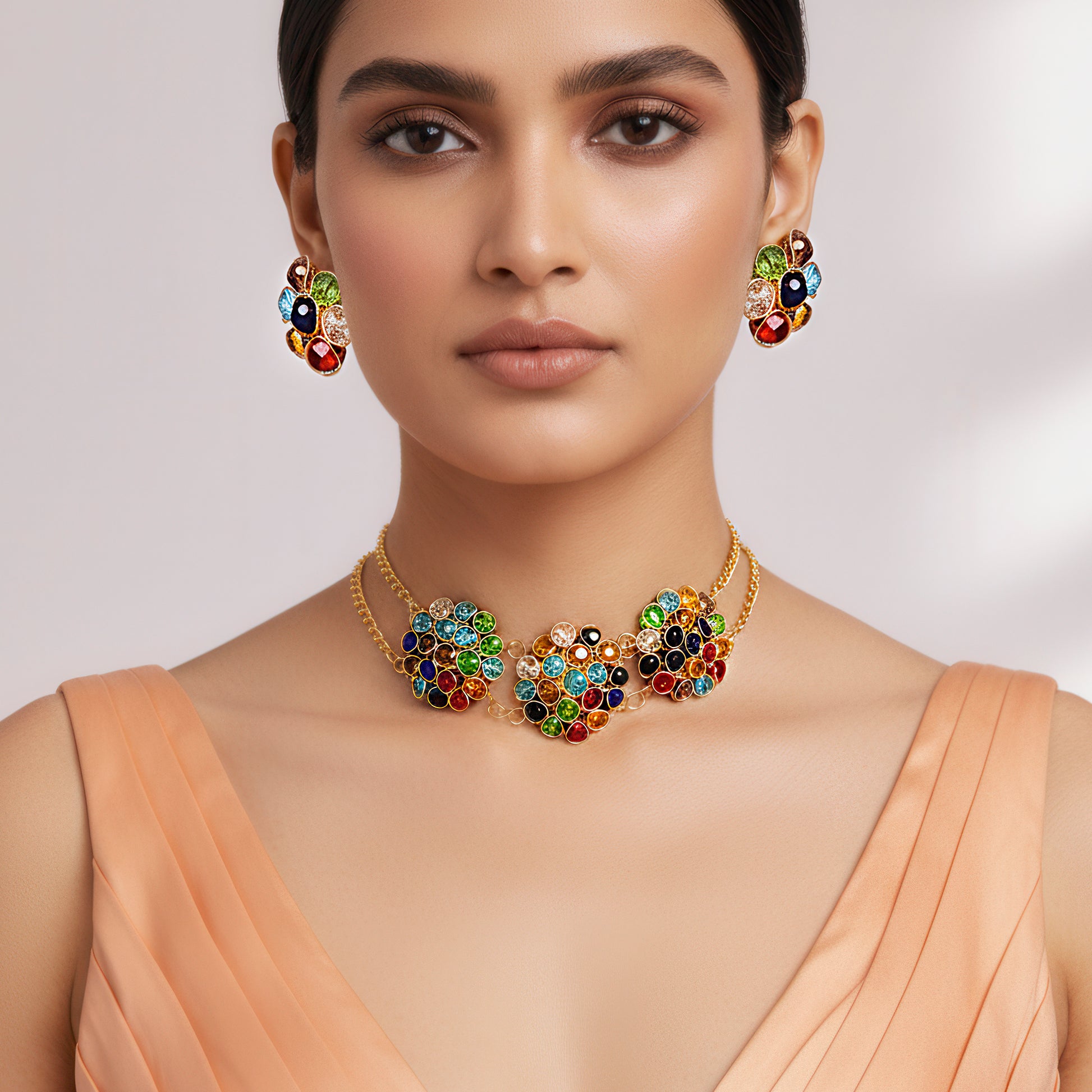 PRAO Anti-Tarnish Multi Crystal Beads Choker Necklace Set With Earring