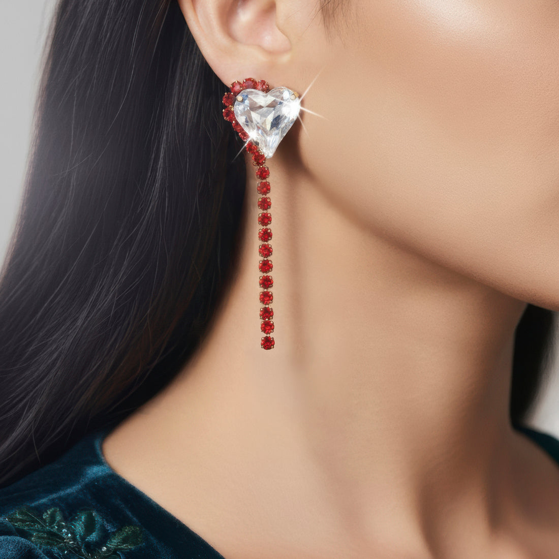 PRAO Anti-Tarnish Rhinestone Chain Earrings with Heart Crystal Dangle