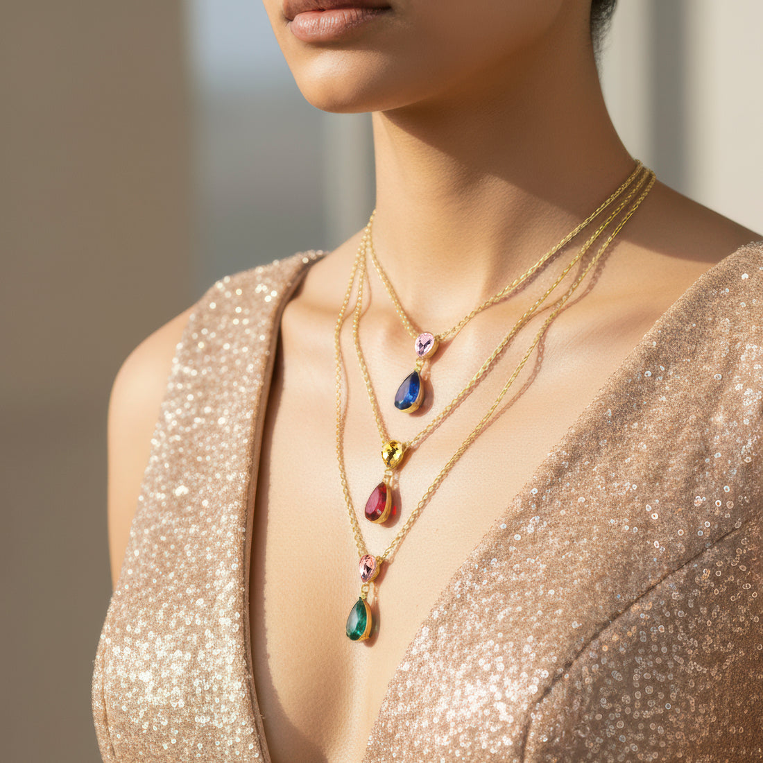 PRAO Necklace Waterproof Triple-Layer Multicoloured Crystal Set