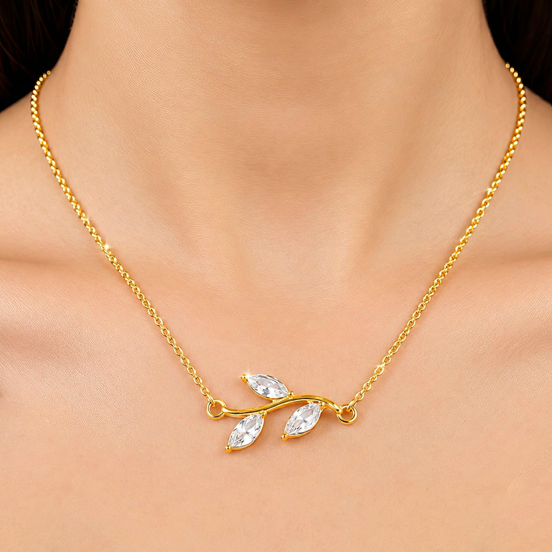 PRAO Necklace Anti-Tarnish Crystal Leaf Branch