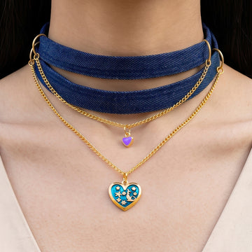 PRAO Necklace Anti-Tarnish Denim Heart Layered Chain