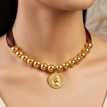 PRAO Necklace Anti-Tarnish Maroon Fabric Coin Choker