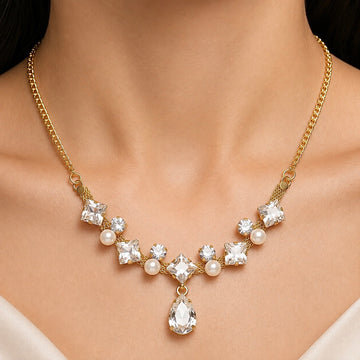 PRAO Necklace Anti-Tarnish Crystal Pearl Statement