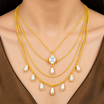 PRAO Necklace Anti-Tarnish Crystal Pearl Layers