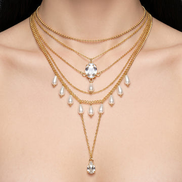 PRAO Necklace Anti-Tarnish Crystal Pearl Layers