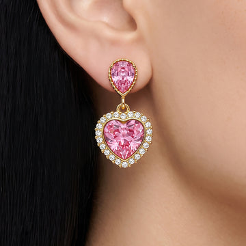 PRAO Earrings Anti-Tarnish Pink Heart Crystal Drops