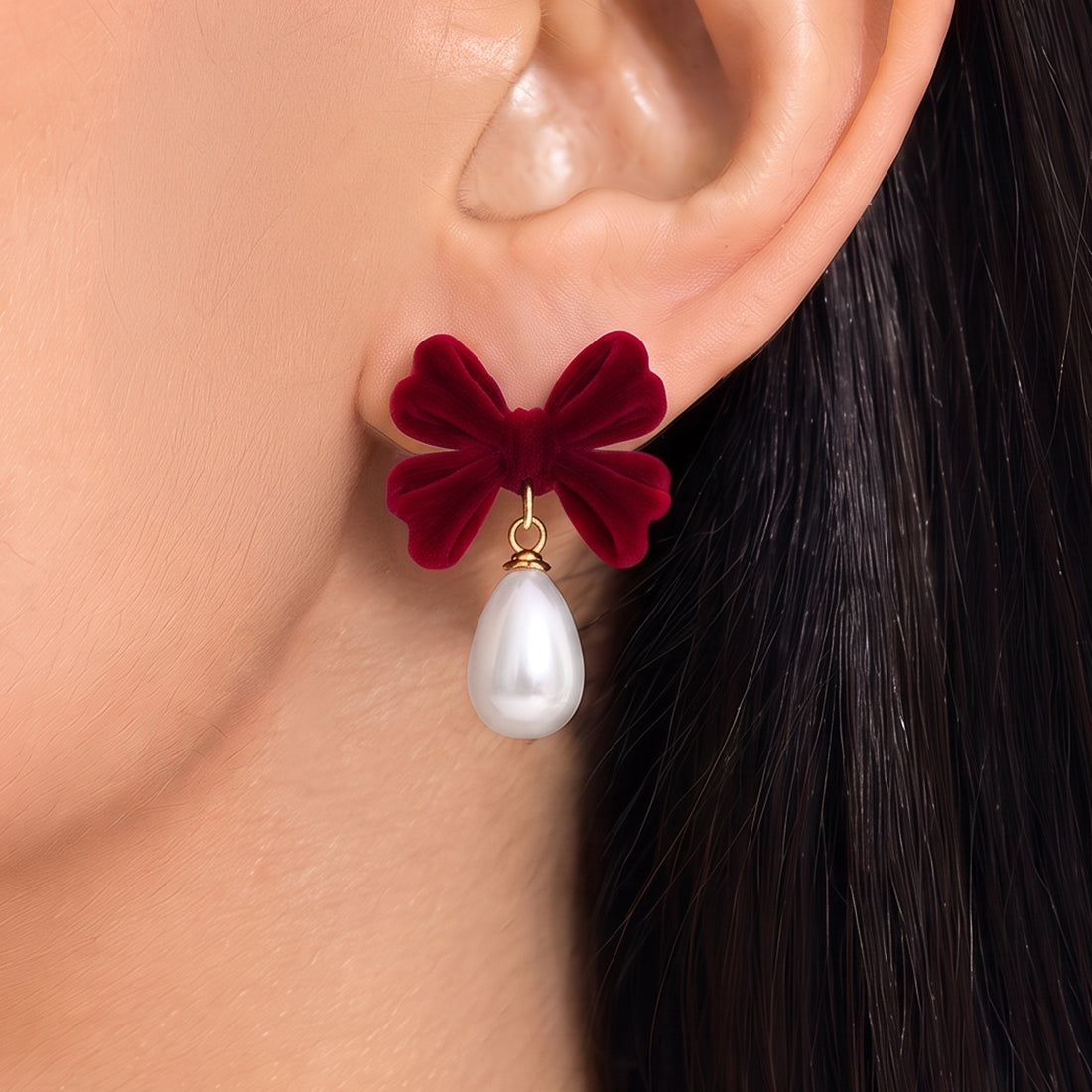 PRAO Earrings Anti-Tarnish Velvet Bow Pearl Drops