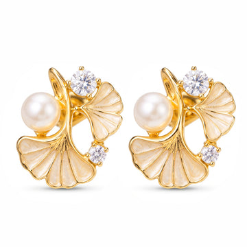 PRAO Earrings Anti-Tarnish Ginkgo Pearl Studs