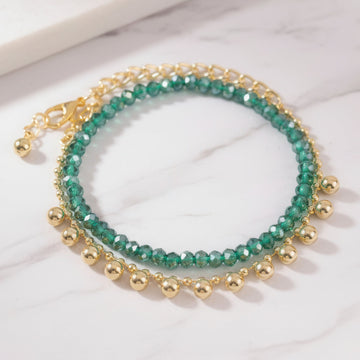 PRAO 2 Bracelets Anti-Tarnish Crystal Bead & Charm (Adjustable Size)