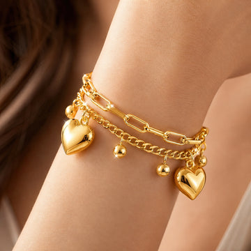 PRAO Bracelet Anti-Tarnish Gold Plated Layered Heart Charms (Adjustable Size)