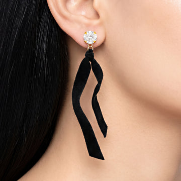 PRAO Earrings Anti-Tarnish Crystal With Velvet Ribbon