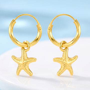 PRAO Earrings Anti-Tarnish Gold Plated Starfish Hoops