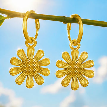 PRAO Earrings Anti-Tarnish Gold Plated Sunflower Hoops