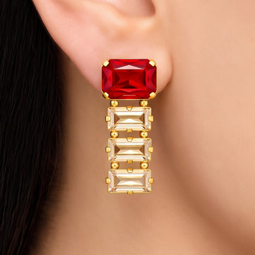 PRAO Earrings Anti-Tarnish Red Crystal Baguette