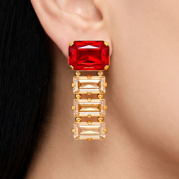 PRAO Earrings Anti-Tarnish Red Crystal Baguette