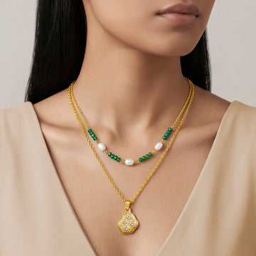 PRAO Necklace Anti-Tarnish Green Pearl Crystal