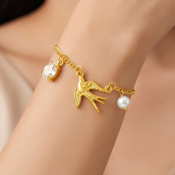 PRAO Bracelet Anti-Tarnish Bird Pearl Crystal (Adjustable Size)