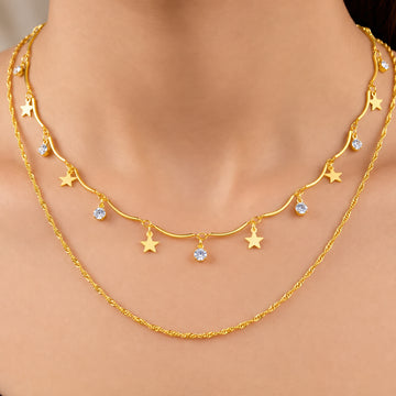 PRAO Necklace Anti-Tarnish Gold Plated Layered Star Crystal