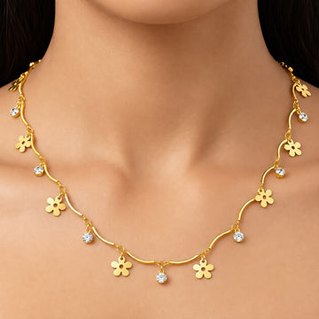 PRAO Necklace Anti-Tarnish Gold Plated Flower Crystal
