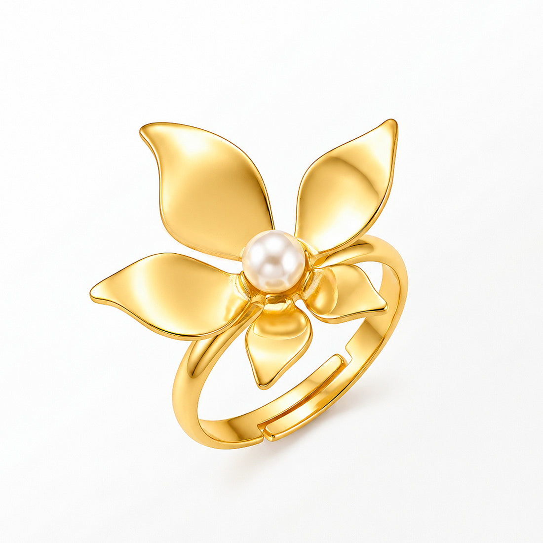 PRAO Ring Anti-Tarnish Gold Plated Floral Pearl (Adjustable Size)
