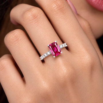 PRAO Ring Anti-Tarnish Emerald-Cut Ruby (Adjustable Size)