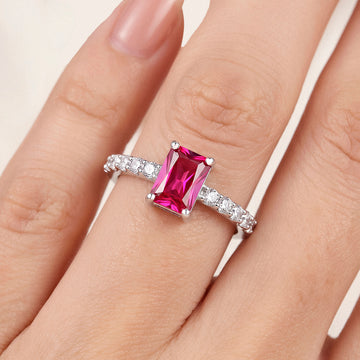 PRAO Ring Anti-Tarnish Emerald-Cut Ruby Pavé (Adjustable Size)