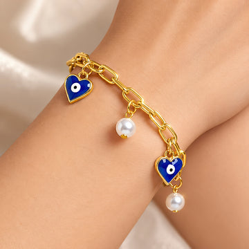 PRAO Bracelet Anti-Tarnish Evil Eye Pearl Chain (Adjustable Size)
