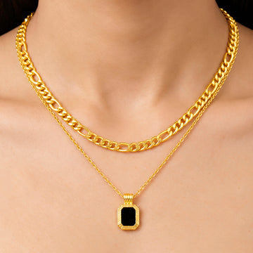 PRAO Necklace Anti-Tarnish Black Enamel Geometric Layered