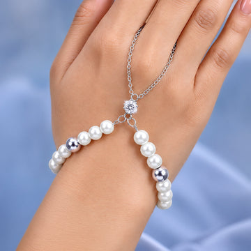 PRAO Bracelet Cum Ring Anti-Tarnish Pearl Crystal Floral Hand Chain (Adjustable Size)