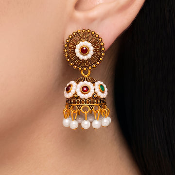 PRAO Earrings Anti-Tarnish Pearl Floral Jhumka