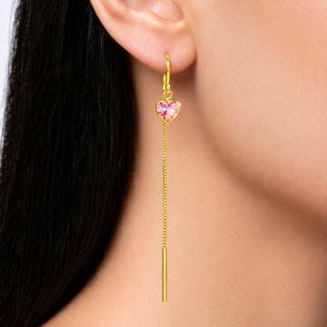 PRAO Earrings Anti-Tarnish Pink Heart Crystal Threader