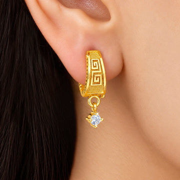 PRAO Earrings Anti-Tarnish Greek Key Crystal Dangle Hoop