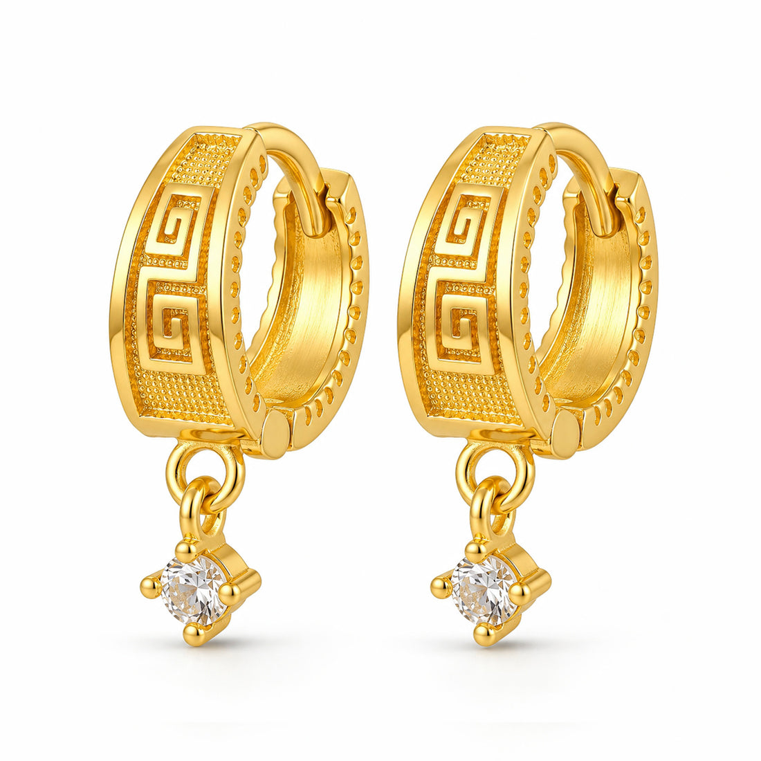 PRAO Earrings Anti-Tarnish Greek Key Crystal Dangle Hoop