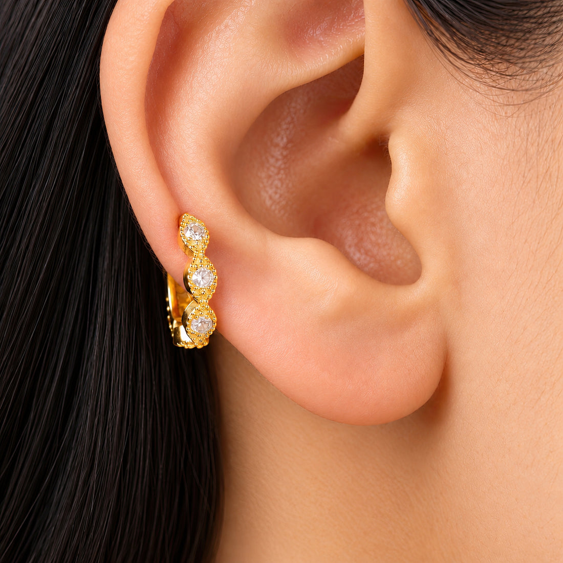 PRAO Earrings Anti-Tarnish Scalloped Crystal Hoop