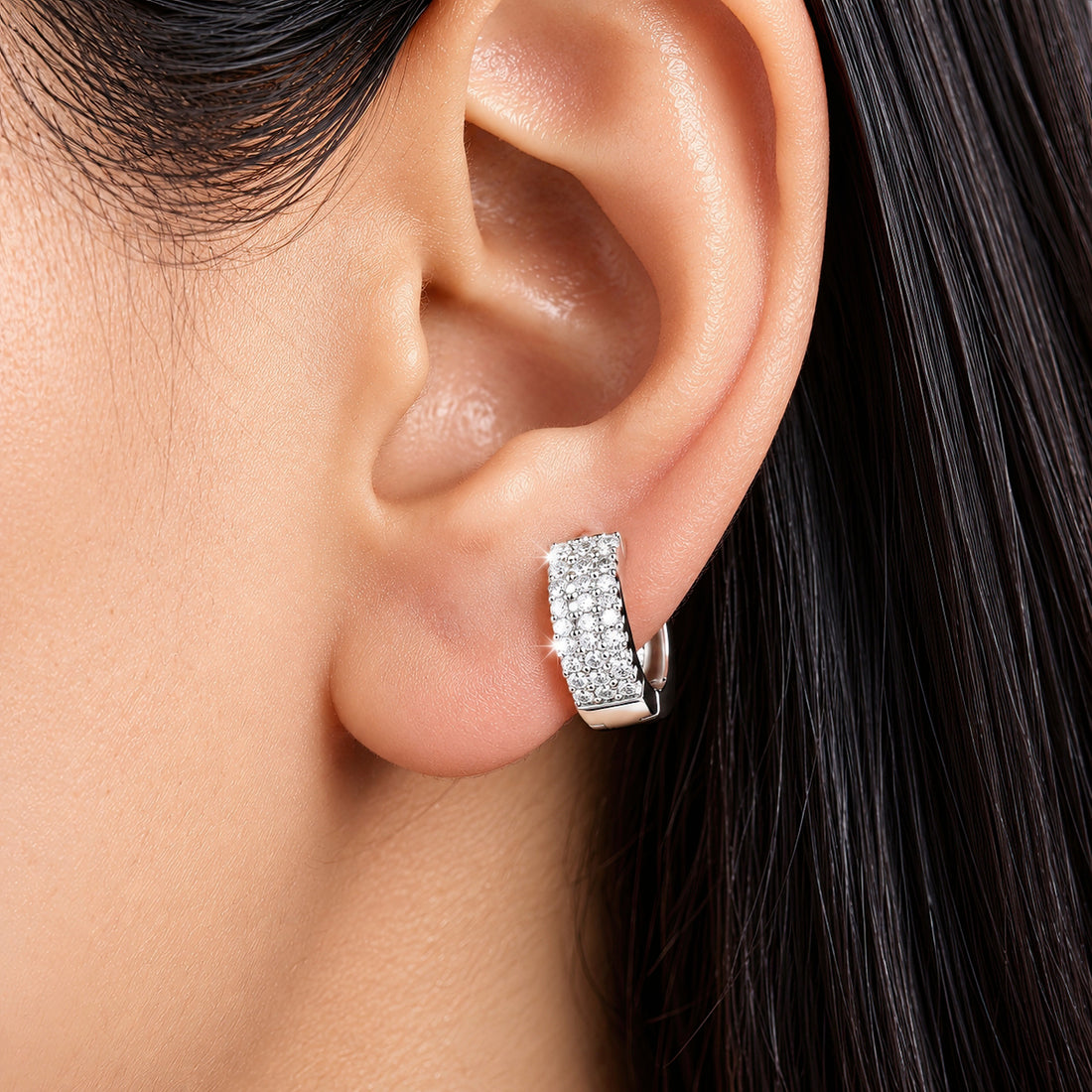 PRAO Earrings Anti-Tarnish Silver Grid Crystal Hoop