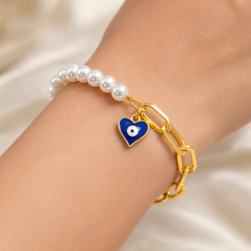 PRAO Bracelet Anti-Tarnish Pearl Link Chain Blue Evil Eye (Adjustable Size)