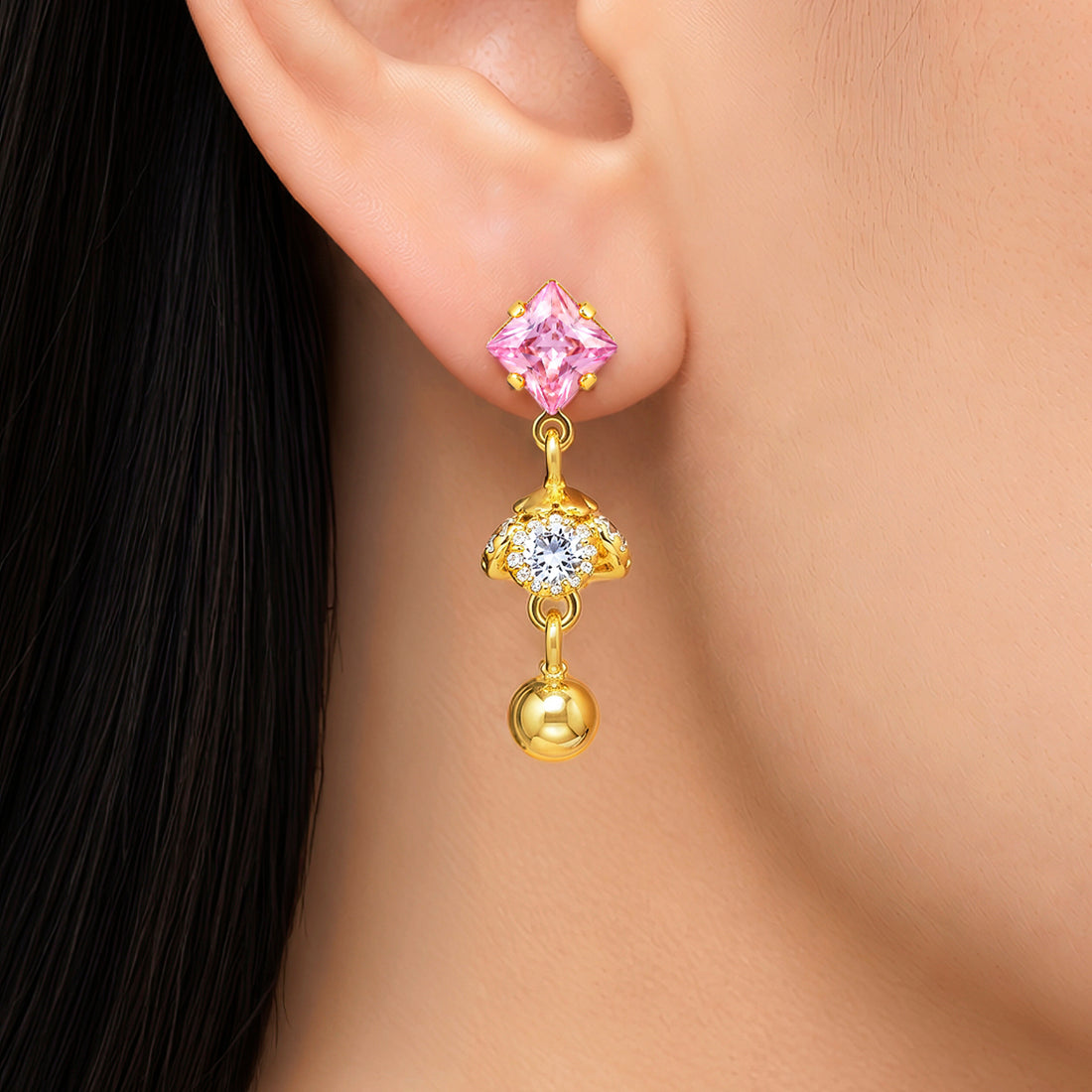 PRAO Earrings Anti-Tarnish Pink Crystal Floral Drop
