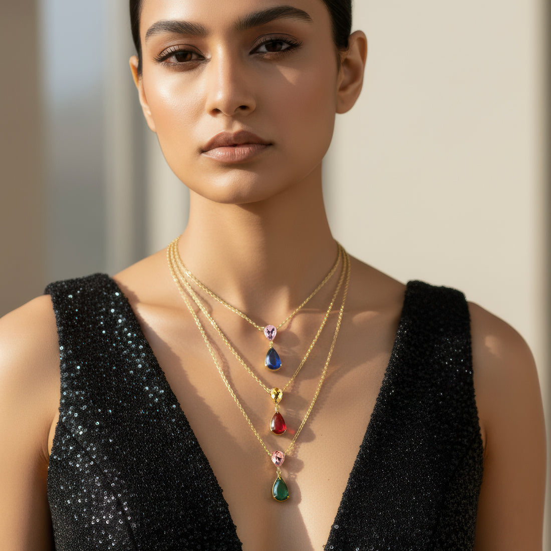 PRAO Anti-Tarnish Triple-Layer Multicoloured Crystal Necklace