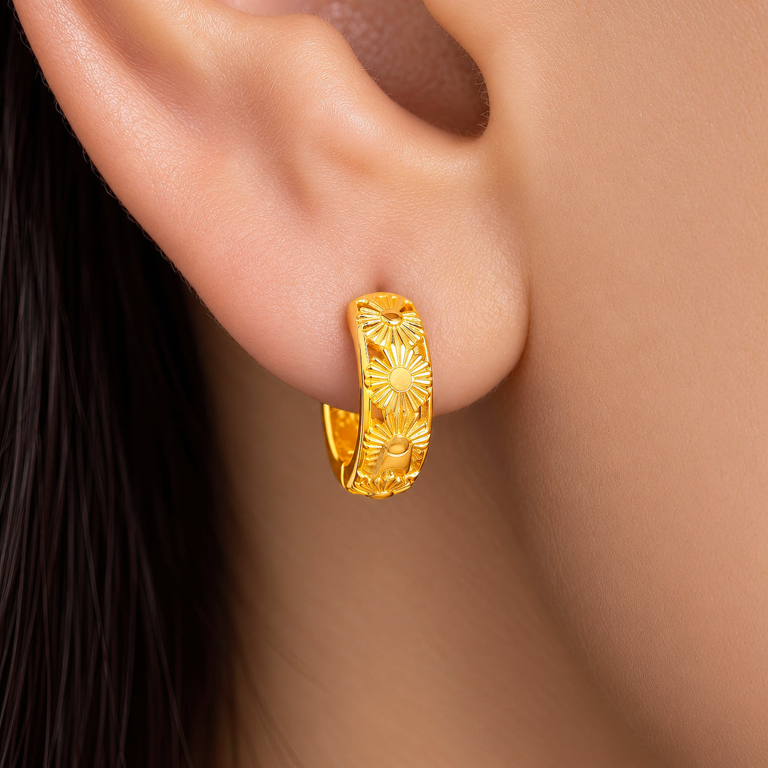 PRAO Earrings Anti-Tarnish Floral Filigree Hoop