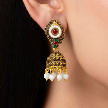 PRAO Earrings Anti-Tarnish Pearl Red Stone Jhumka