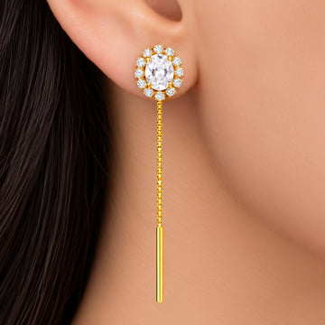 PRAO Earrings Anti-Tarnish Oval Crystal Stud Threader