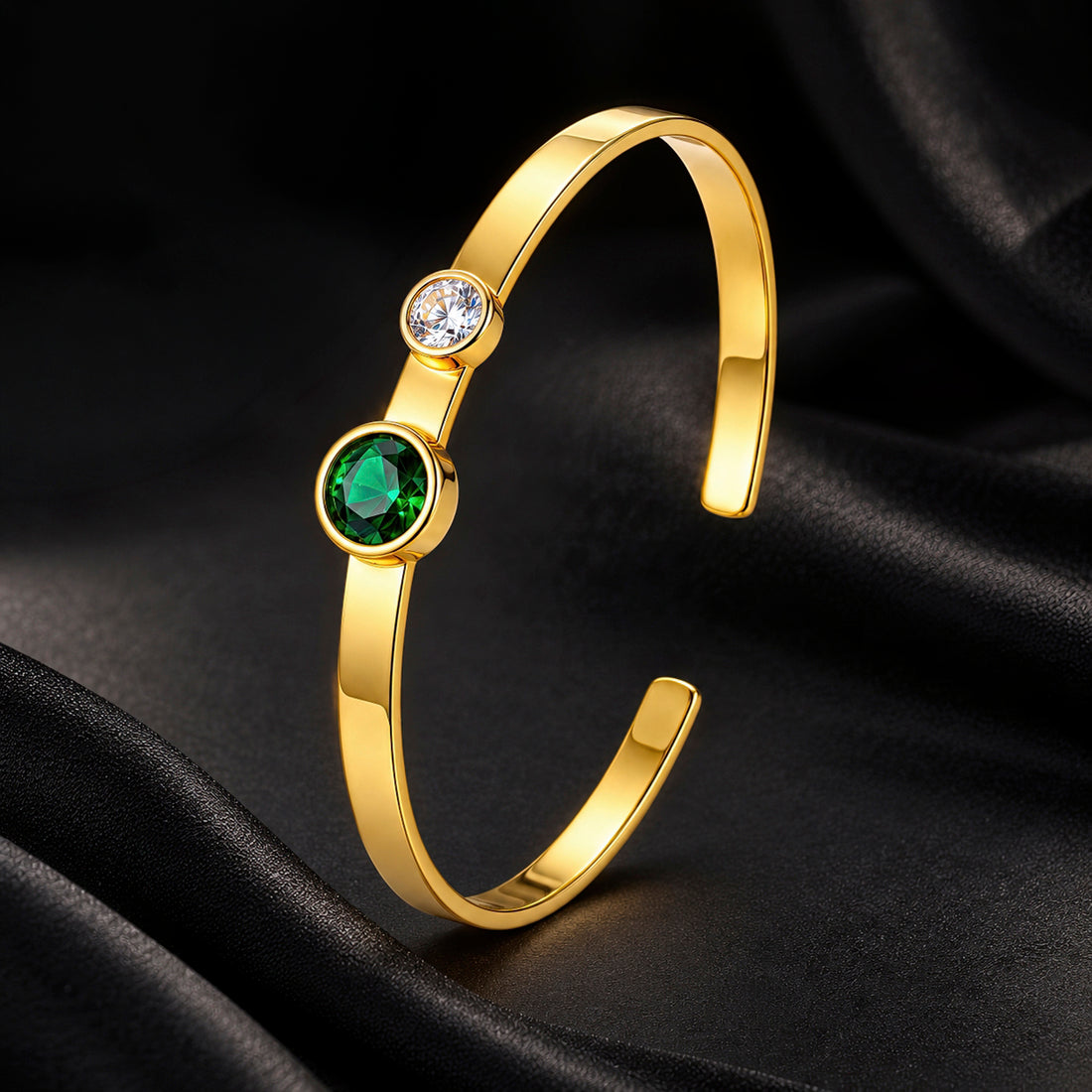 PRAO Bracelet Anti-Tarnish Green Crystal Open Cuff (Adjustable Size)