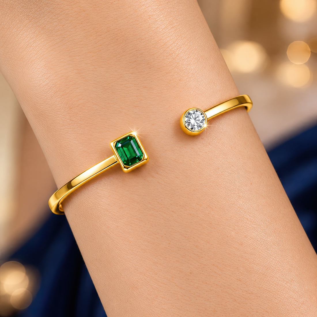 PRAO Bracelet Anti-Tarnish Emerald Crystal Cuff (Adjustable Size)