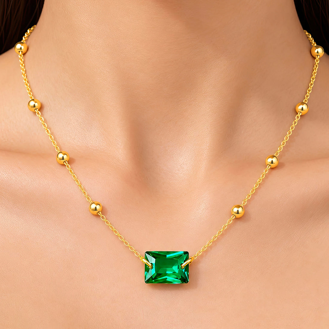 PRAO Necklace Anti-Tarnish Emerald Geometric Crystal