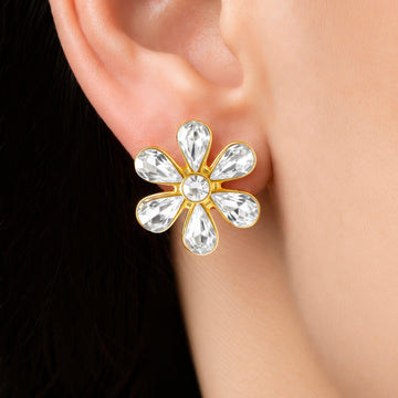 PRAO Earrings Anti-Tarnish Six Petal Crystal Flower